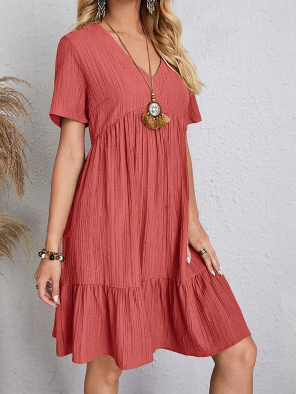 New Wave Wrinkle Breathable Loose Hem V-neck Short Sleeve Splicing Solid Color Dress