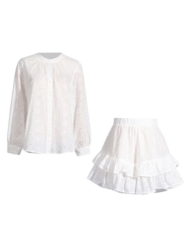 New Fashionable Round Neck Hollow Long Sleeve Shirt High Waist Ruffled Shorts Casual Suit