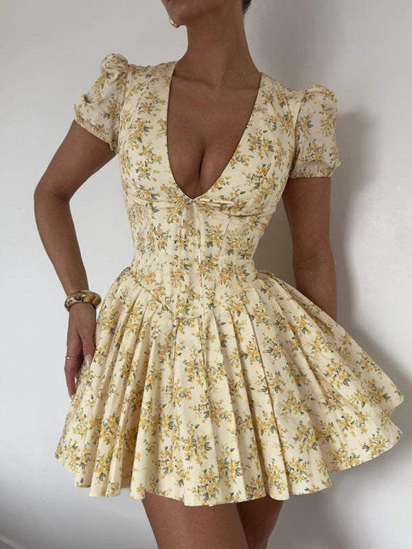 New Sexy Deep V Slim Waist Short Sleeve Medium Pleated Floral Dress