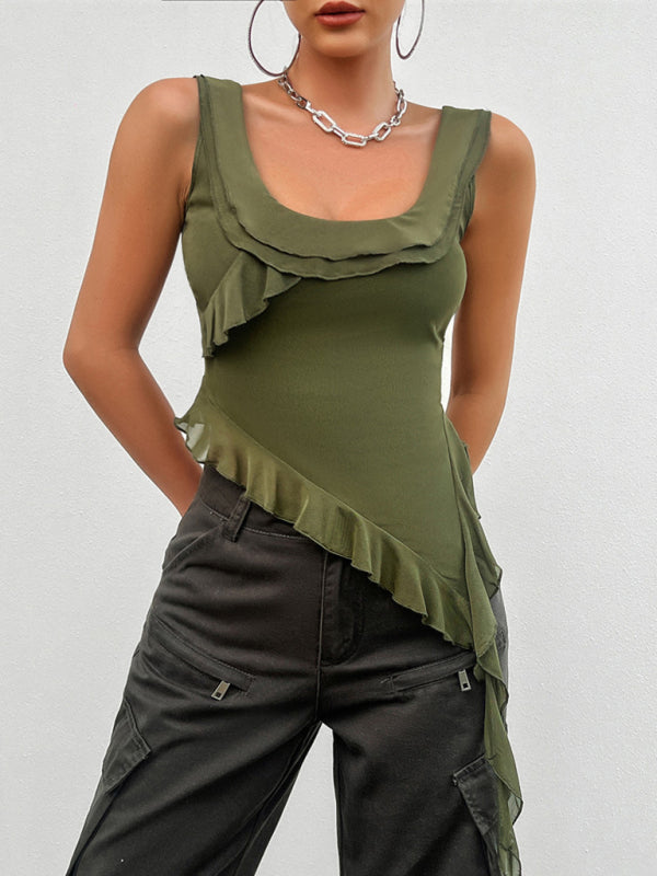 Women's casual solid color sleeveless U-neck mesh top