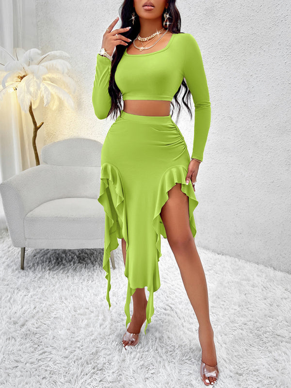 Women's Solid Color Round Neck Long Sleeve Top Ruffled Skirt Suit