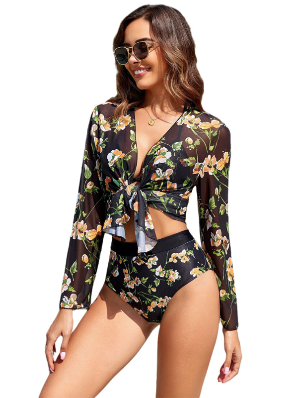 New bikini botanical print lace-up resort swimsuit three-piece set