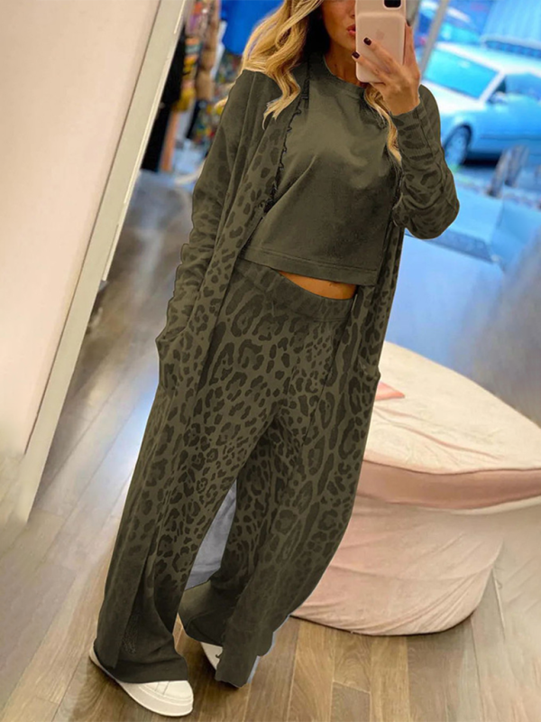 New leopard print long-sleeved cardigan jacket + trousers two-piece set