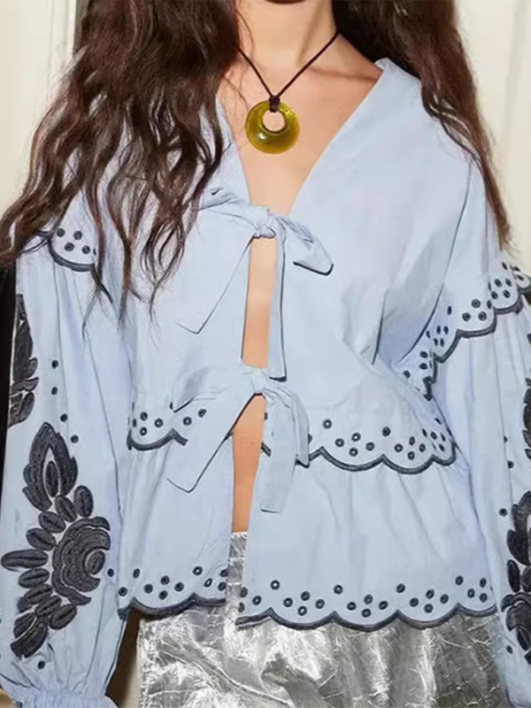 New fashionable casual V-neck lace-up lantern sleeve shirt