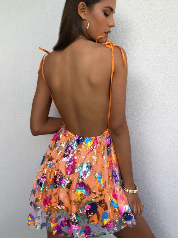 Women's Sexy Deep V Backless Sequin Floral Strappy Short Dress