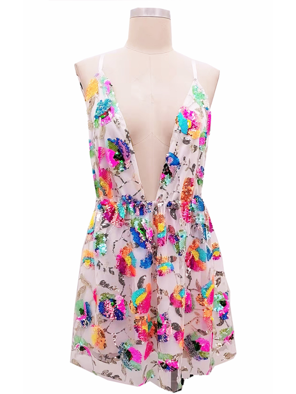 Women's Sexy Deep V Backless Sequin Floral Strappy Short Dress