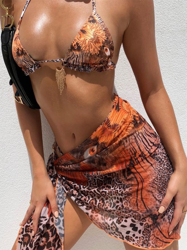 Women's three-piece sexy printed gauze swimsuit bikini