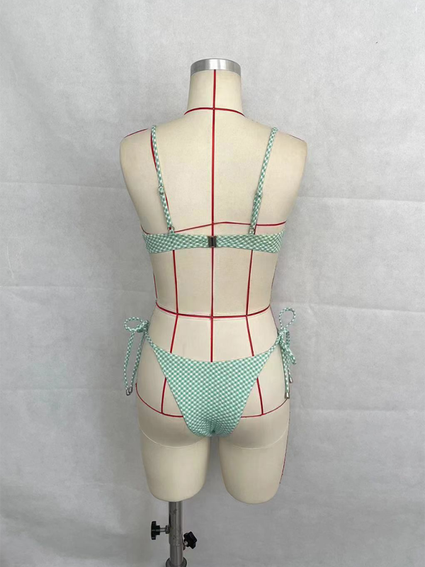 Fashionable Women's Plaid Print String Bikini Set
