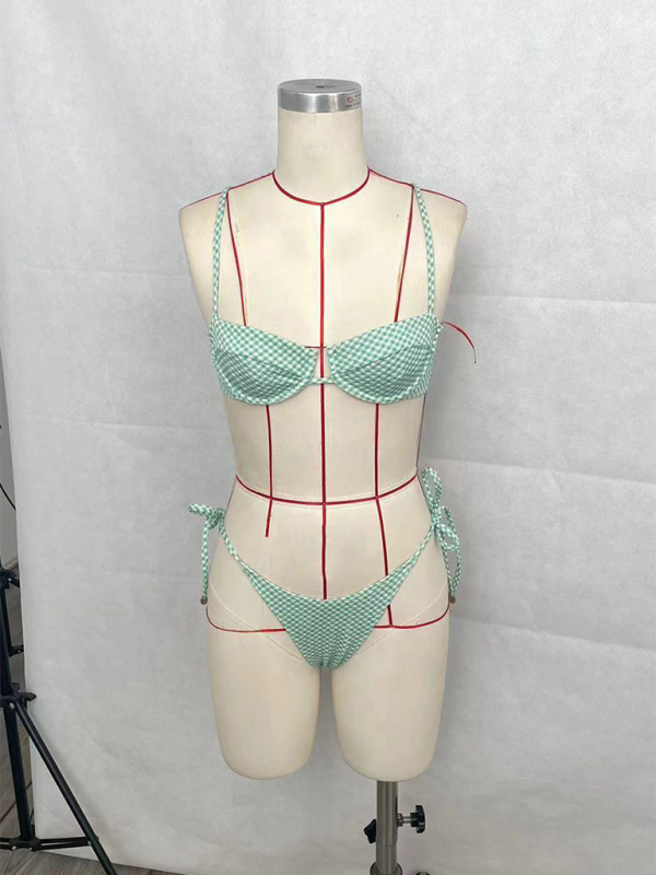 Fashionable Women's Plaid Print String Bikini Set