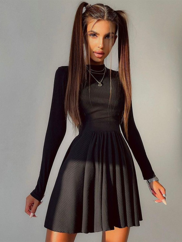 Hot Girl Solid Color Round Neck Hollow Back A-Line Skirt Long Sleeve Dress