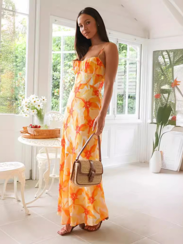 Fresh and sweet summer floral print backless midi dress