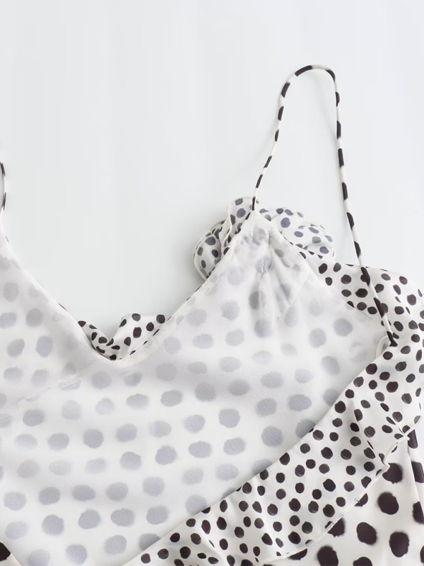 New polka dot print V-neck floral embellished suspender midi dress