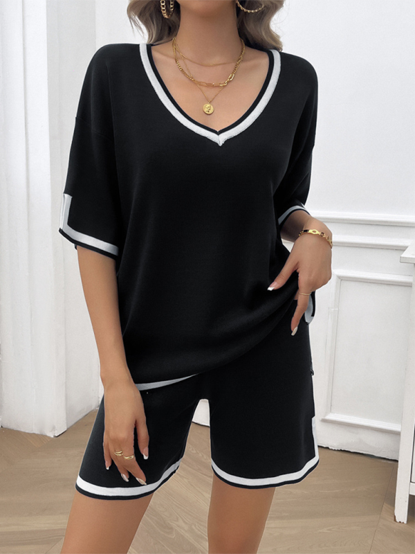 Women's casual loose v-neck sweater two-piece set