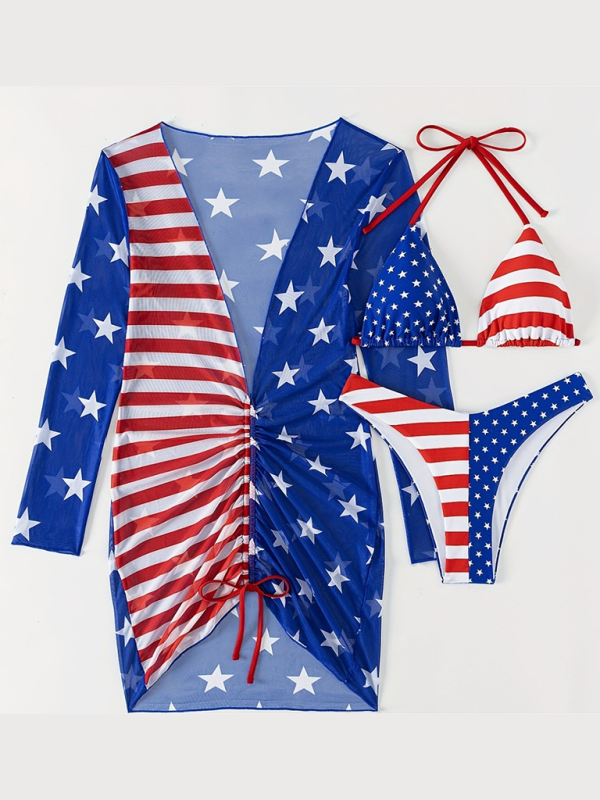 New Swimsuit Sleeveless Halter Loose Independence Day Flag Printed Yarn Three-piece Set