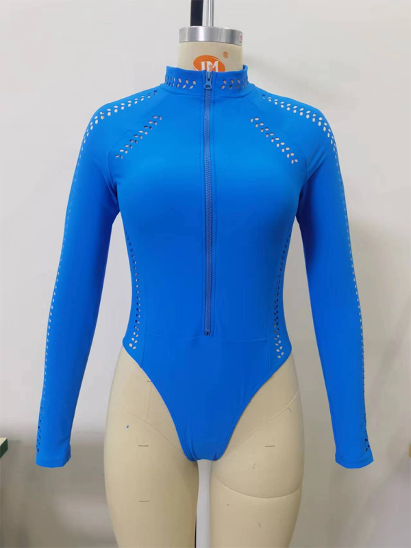 Fashion sexy vacation women's solid color hollow one-piece swimsuit surfing suit