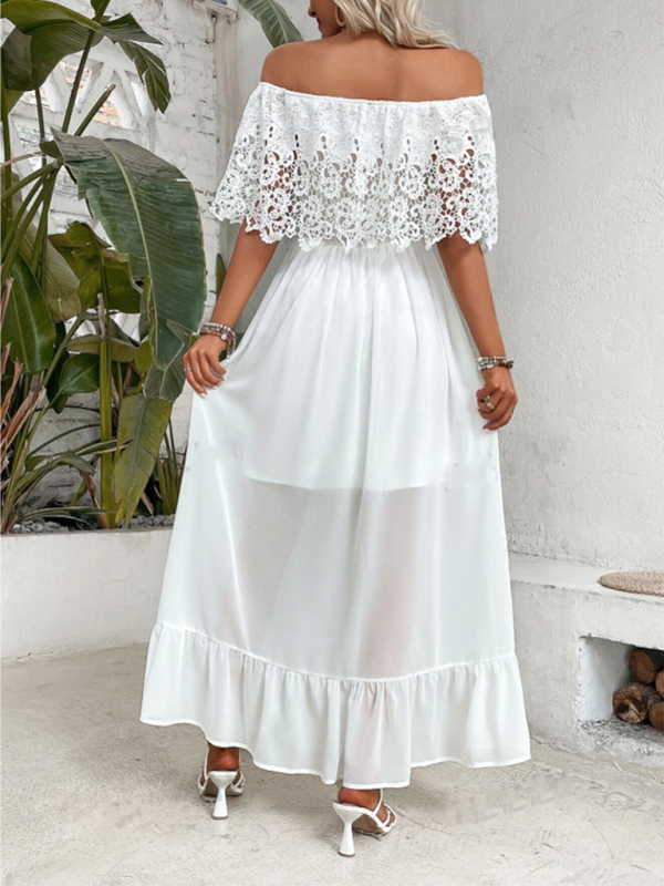 Off-the-shoulder guipure lace paneled ruffle hem dress