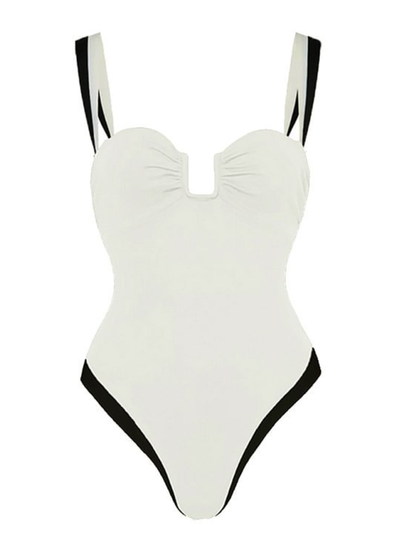 Women's black and white simple contrast one-piece swimsuit