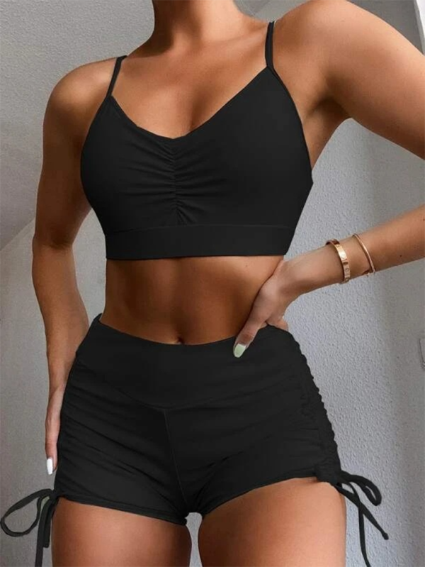 Solid color bikini sexy small chest gathered high waist cover belly split swimsuit