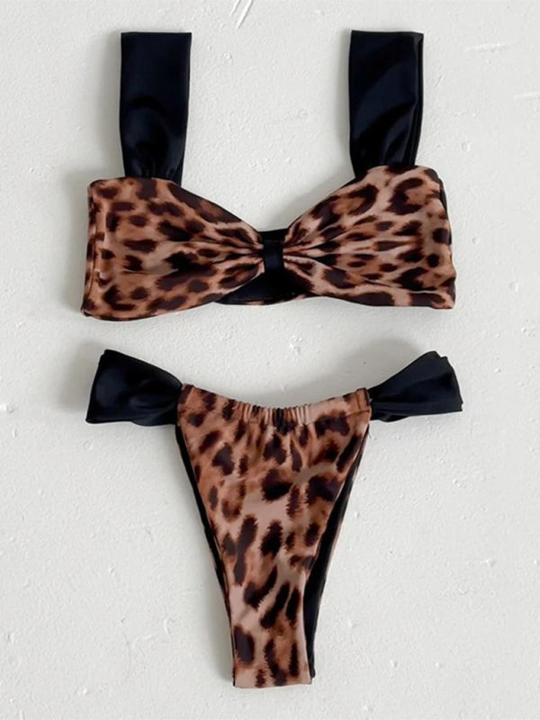 Leopard print bikini push-up split color-blocked tube top women's triangle swimsuit