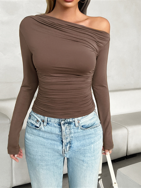 Women's casual slim fit solid color oblique collar pullover top