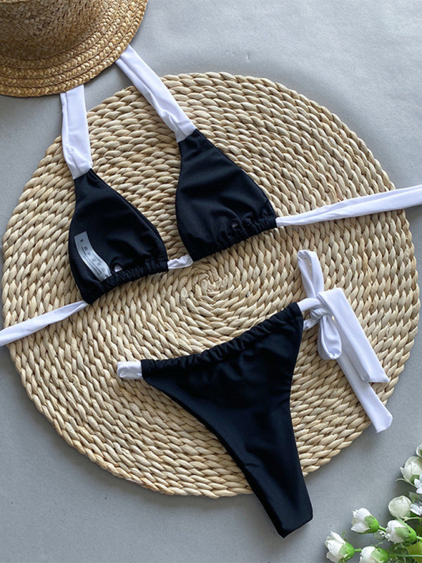 New halter neck color matching bikini black and white strap triangle cup women's split swimsuit