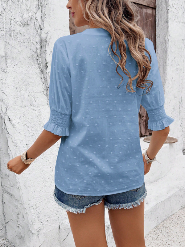 Women's V-neck casual pullover puff sleeve solid color loose top