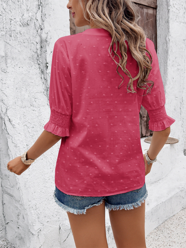 Women's V-neck casual pullover puff sleeve solid color loose top