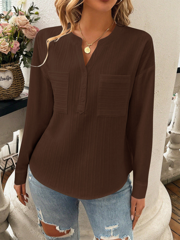 Women's shirt v-neck temperament casual solid color pullover top