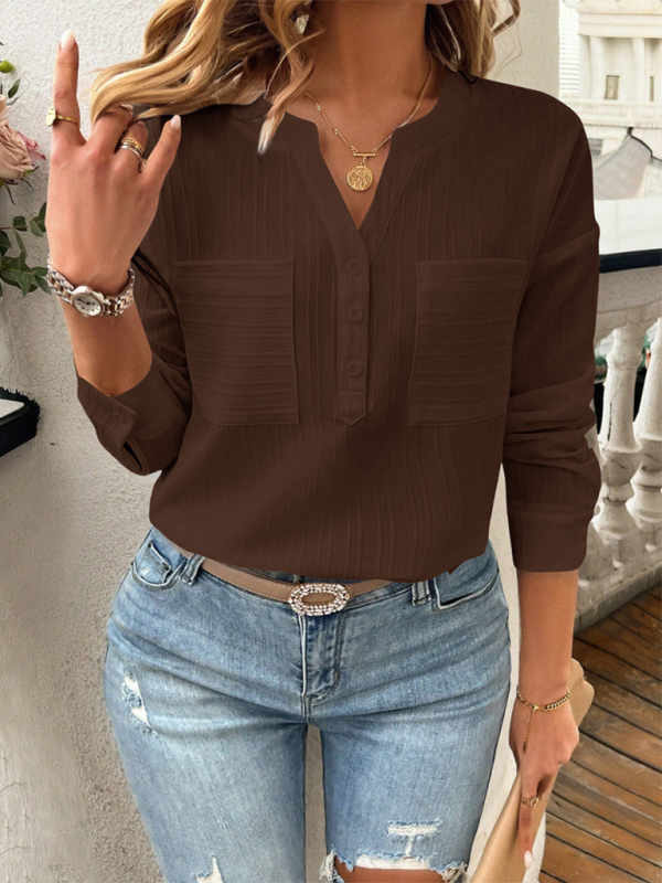 Women's shirt v-neck temperament casual solid color pullover top