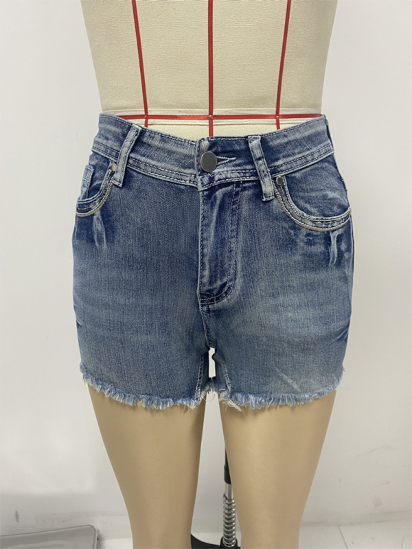 New American retro embroidered slim fit raw edge denim shorts