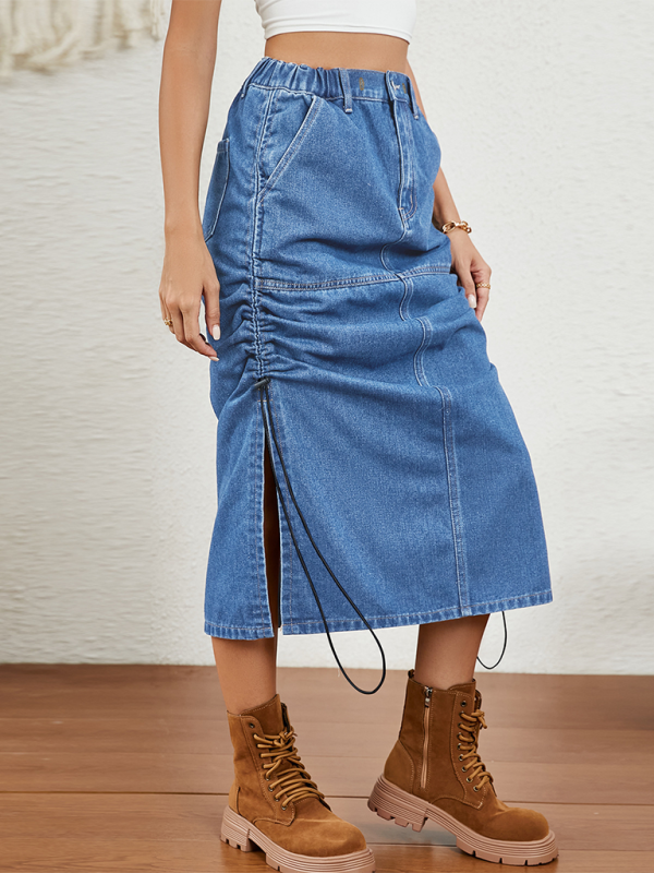 New casual washed elastic waist drawstring denim midi skirt