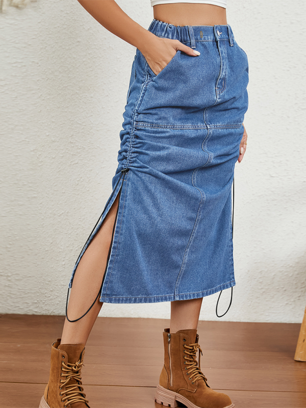 New casual washed elastic waist drawstring denim midi skirt