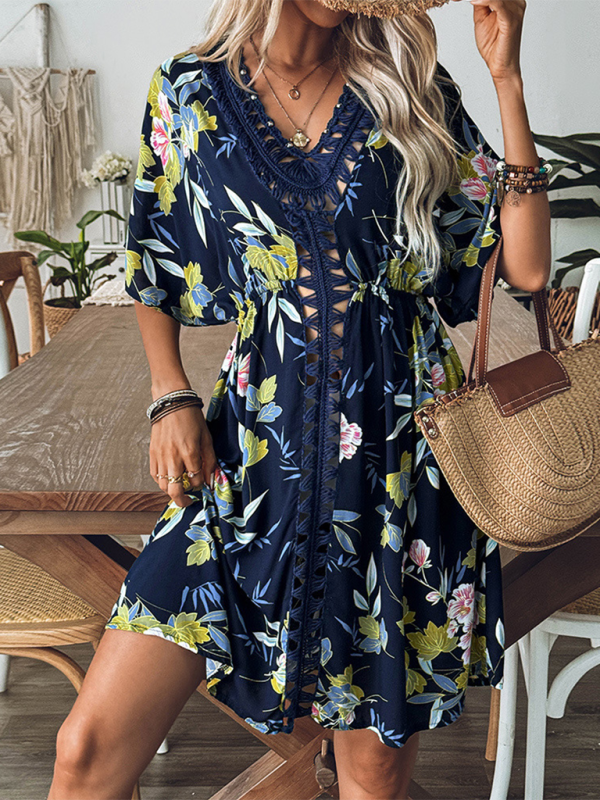 New style printed beach dress hand hook beaded stitching hollow dress beach cover up