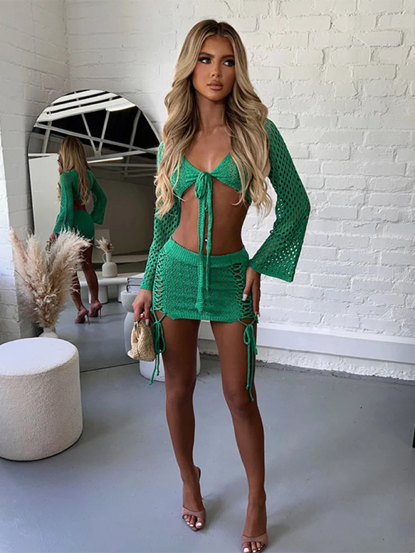 New Beach Women's Solid Color Sexy Knitted Beach Bikini Swimsuit Cover Up Sunscreen Set