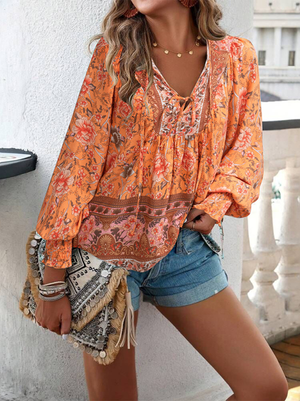 New casual printed v-neck long-sleeved top
