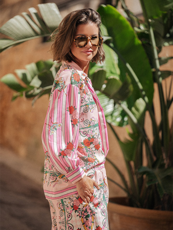 New long-sleeved casual vacation loose printed pocket two-piece suit