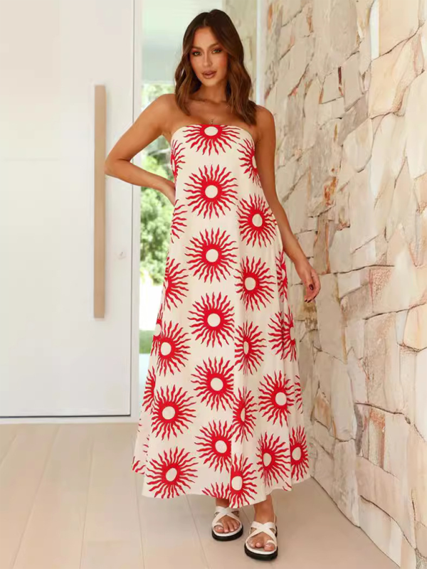 Women's printed tube top long skirt sexy fashion holiday dress