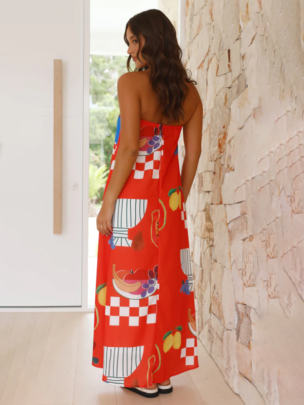 Women's printed tube top long skirt sexy fashion holiday dress