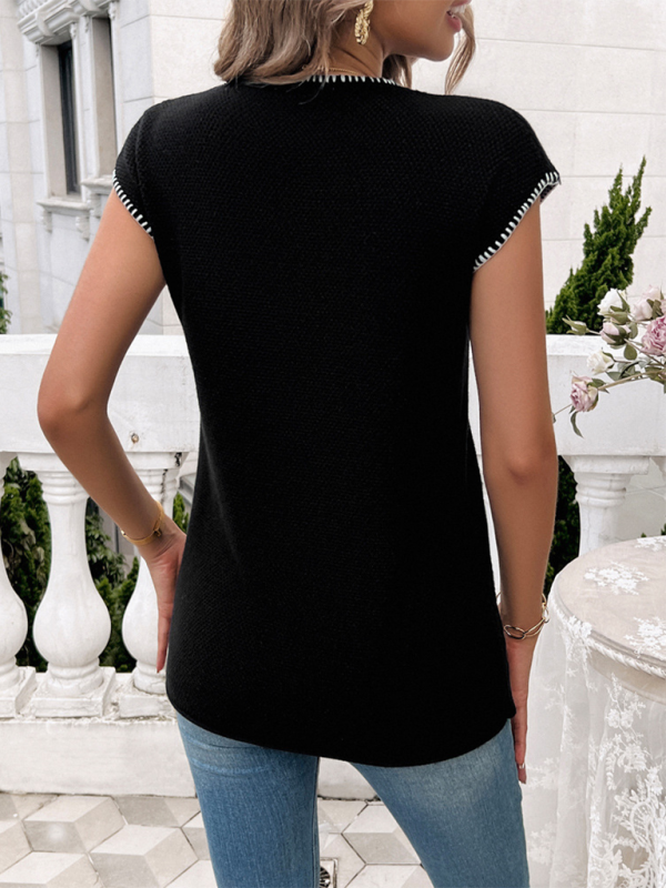 Spring and summer women's casual short-sleeved contrasting color sweater