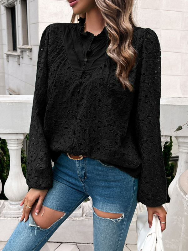 Women's hollow puff sleeve embroidered top