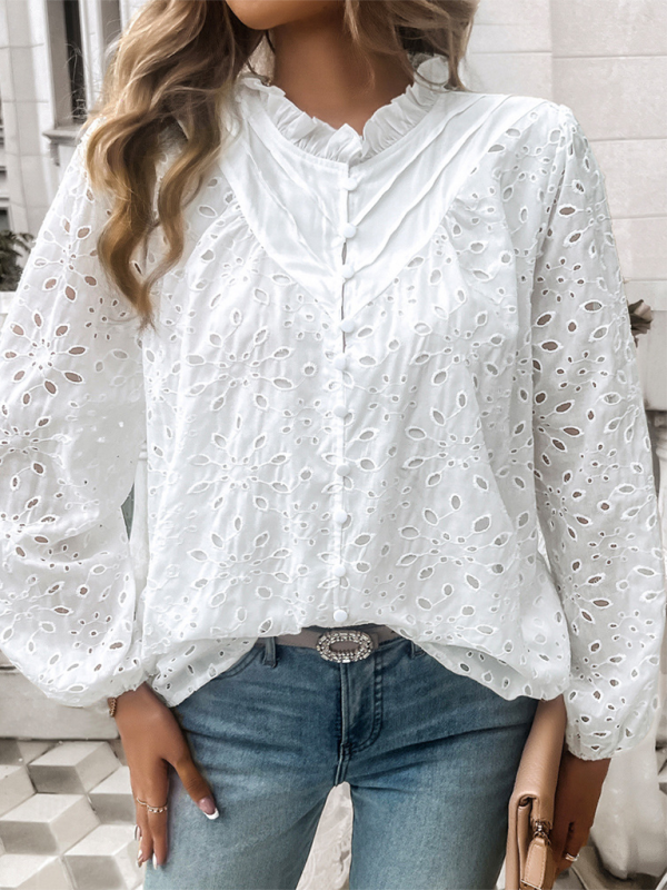 Women's hollow puff sleeve embroidered top