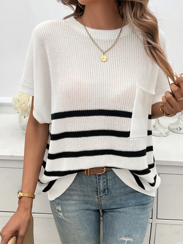 Women's Temperament Round Neck Striped Contrast Color Short Sleeve Sweater