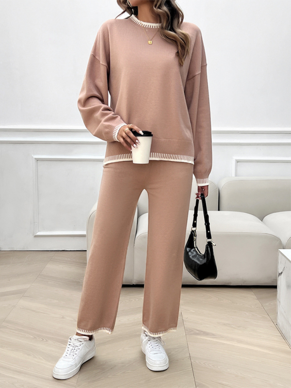 Women's Fashion Casual Contrast Color Sweater Pants Set