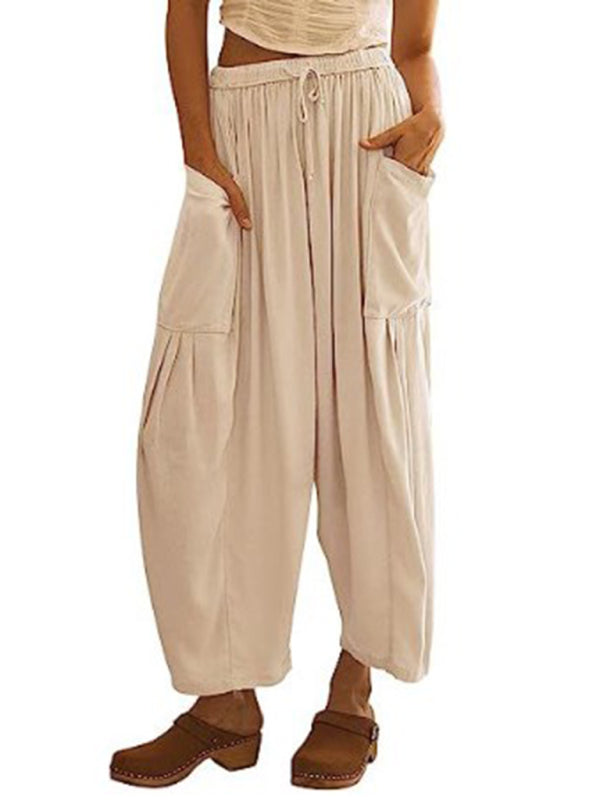 Women's elastic waist pleated high waist wide leg pants loose casual pants