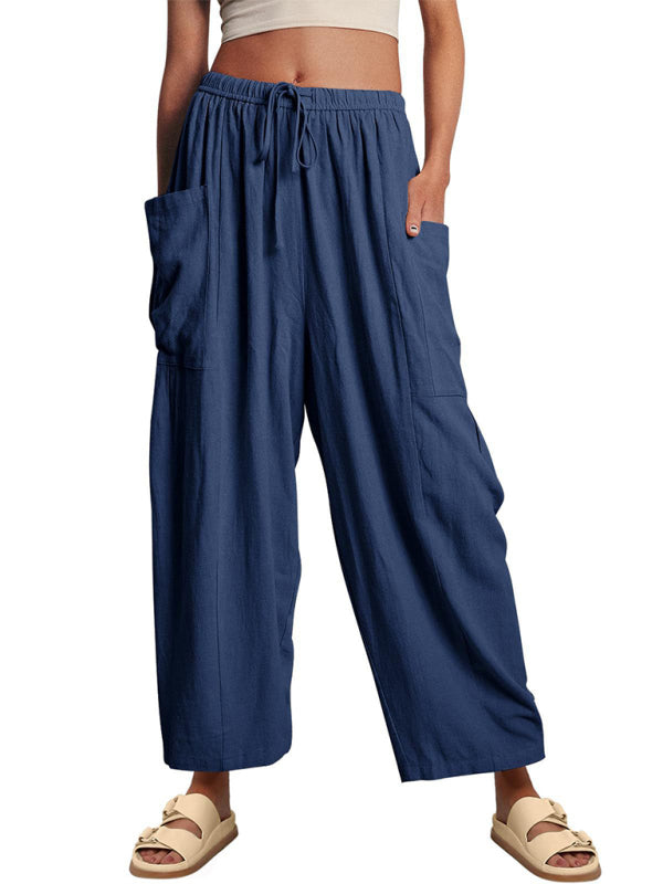 Women's elastic waist pleated high waist wide leg pants loose casual pants