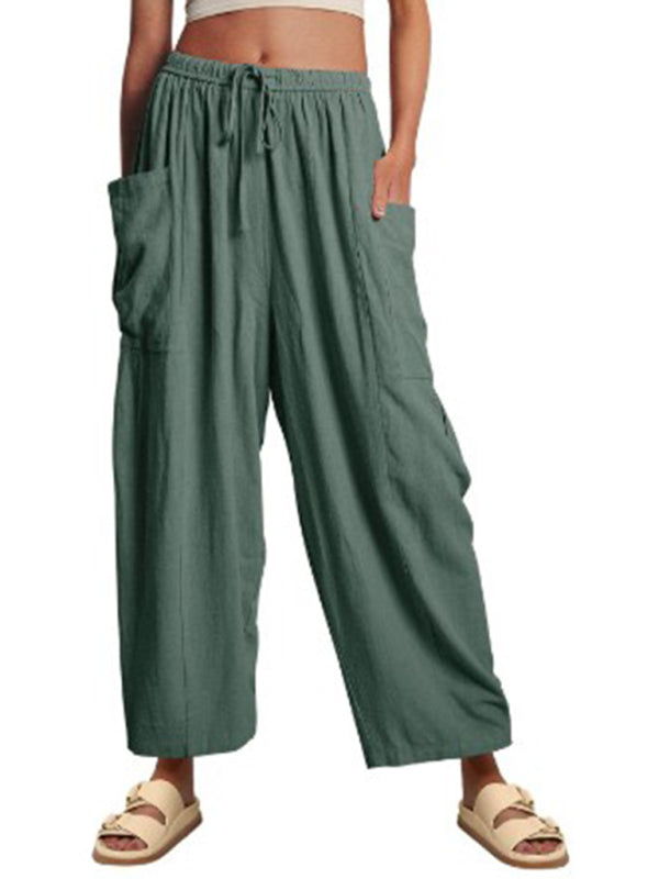 Women's elastic waist pleated high waist wide leg pants loose casual pants