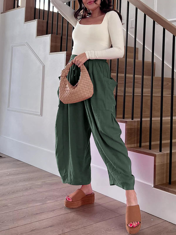 Women's elastic waist pleated high waist wide leg pants loose casual pants