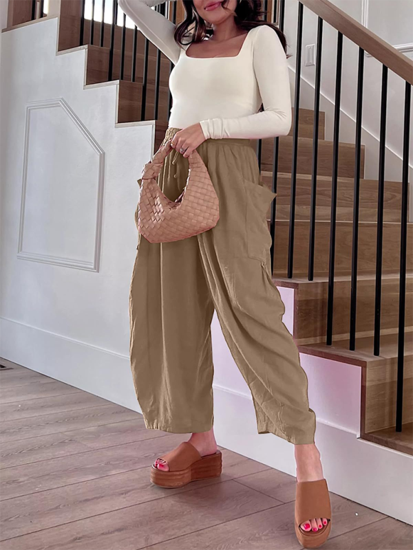 Women's elastic waist pleated high waist wide leg pants loose casual pants