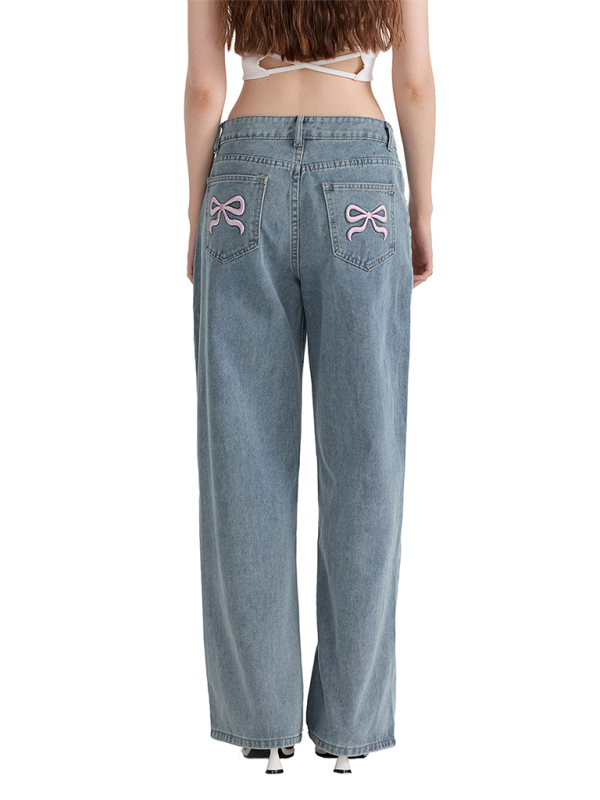 Bow Embroidered Fashion Casual Non-Stretch Straight Trousers