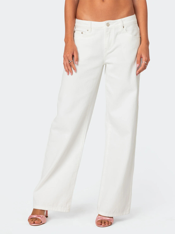 Bow Embroidered Fashion Casual Non-Stretch Straight Trousers